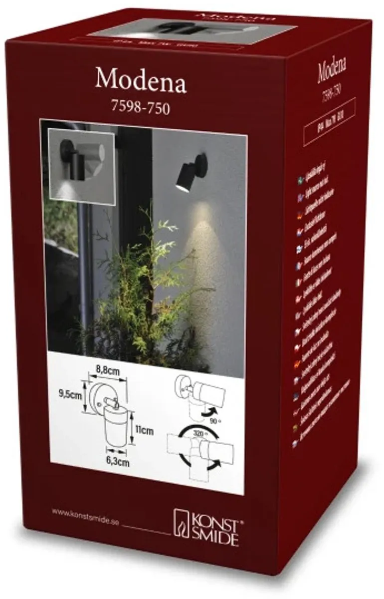 Konstsmide Modena Wandspot GU10 7W - 17cm - Zwart