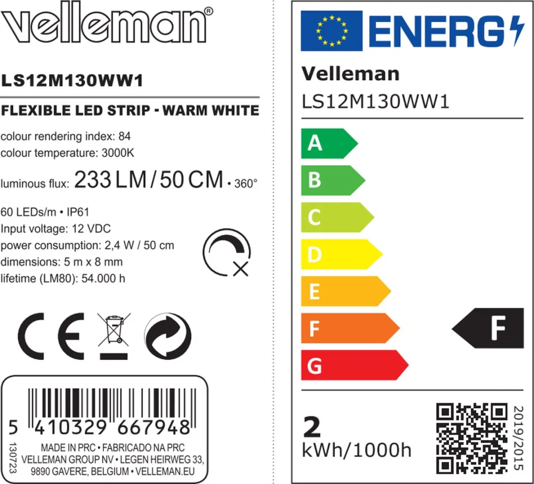 Velleman Flexibele Ledstrip 5m 3000K Warmwit - 300 LED's - 12V