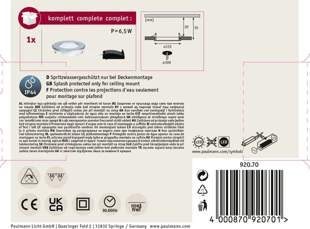 Paulmann LED Inbouwpaneel IP44 6W 390lm 4000K Chroom mat