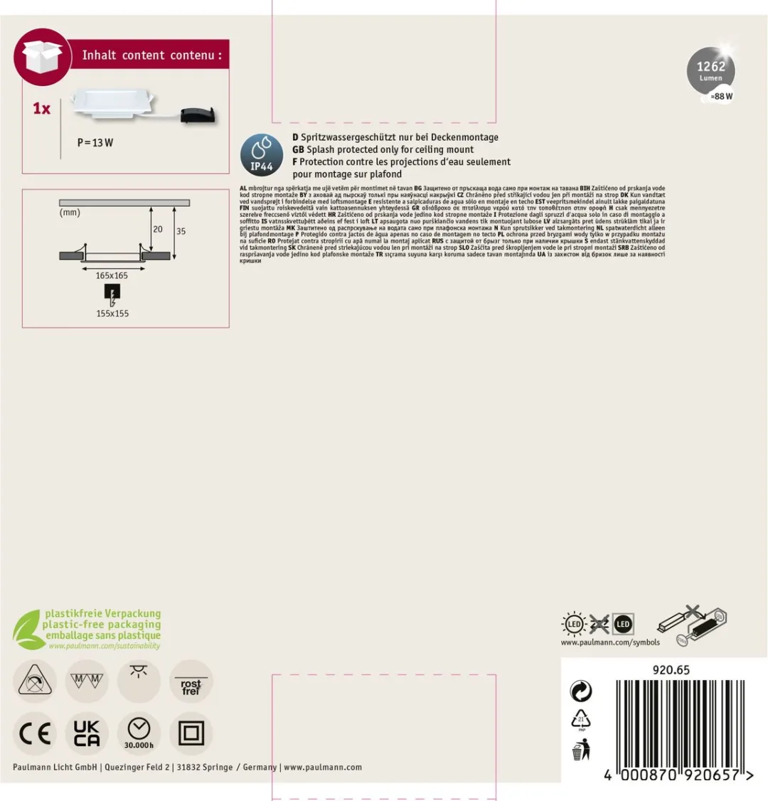 Paulmann LED Inbouwpaneel IP44 165x165mm 12W 850lm Wit