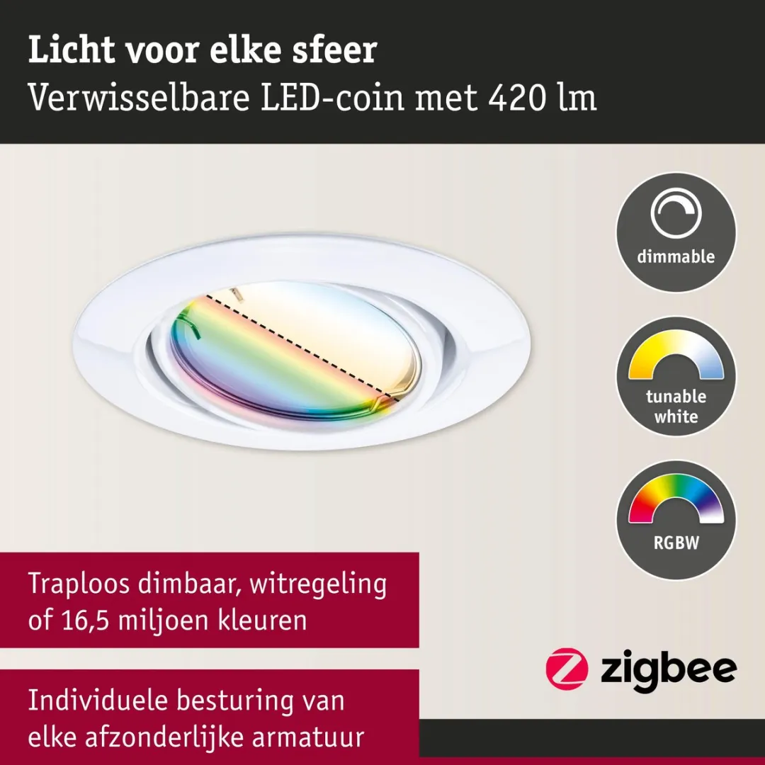 Paulmann LED-inbouwlamp Zigbee 3.0 Coin Basisset 3x4,9W 420lm RGBW+ Wit - afbeelding 6 van 6