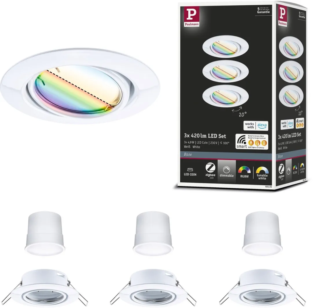 Paulmann LED-inbouwlamp Zigbee 3.0 Coin Basisset 3x4,9W 420lm RGBW+ Wit