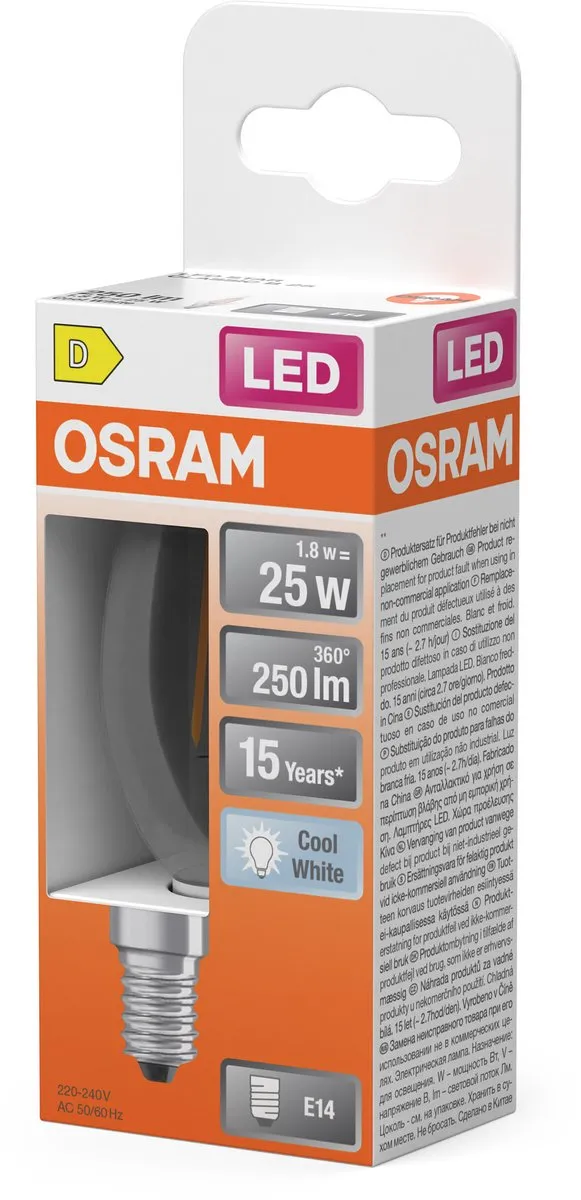 Osram LED Kaarslamp B25 Filament 1,8W - 250lm Koelwit 4000K E14