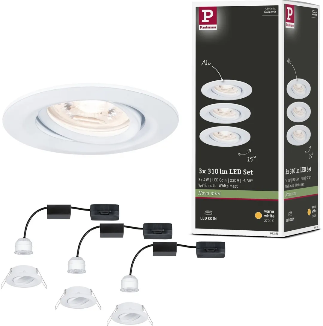 Paulmann Nova Mini Coin Basisset LED-inbouwlamp 3x4W 310lm 2700K - Wit mat