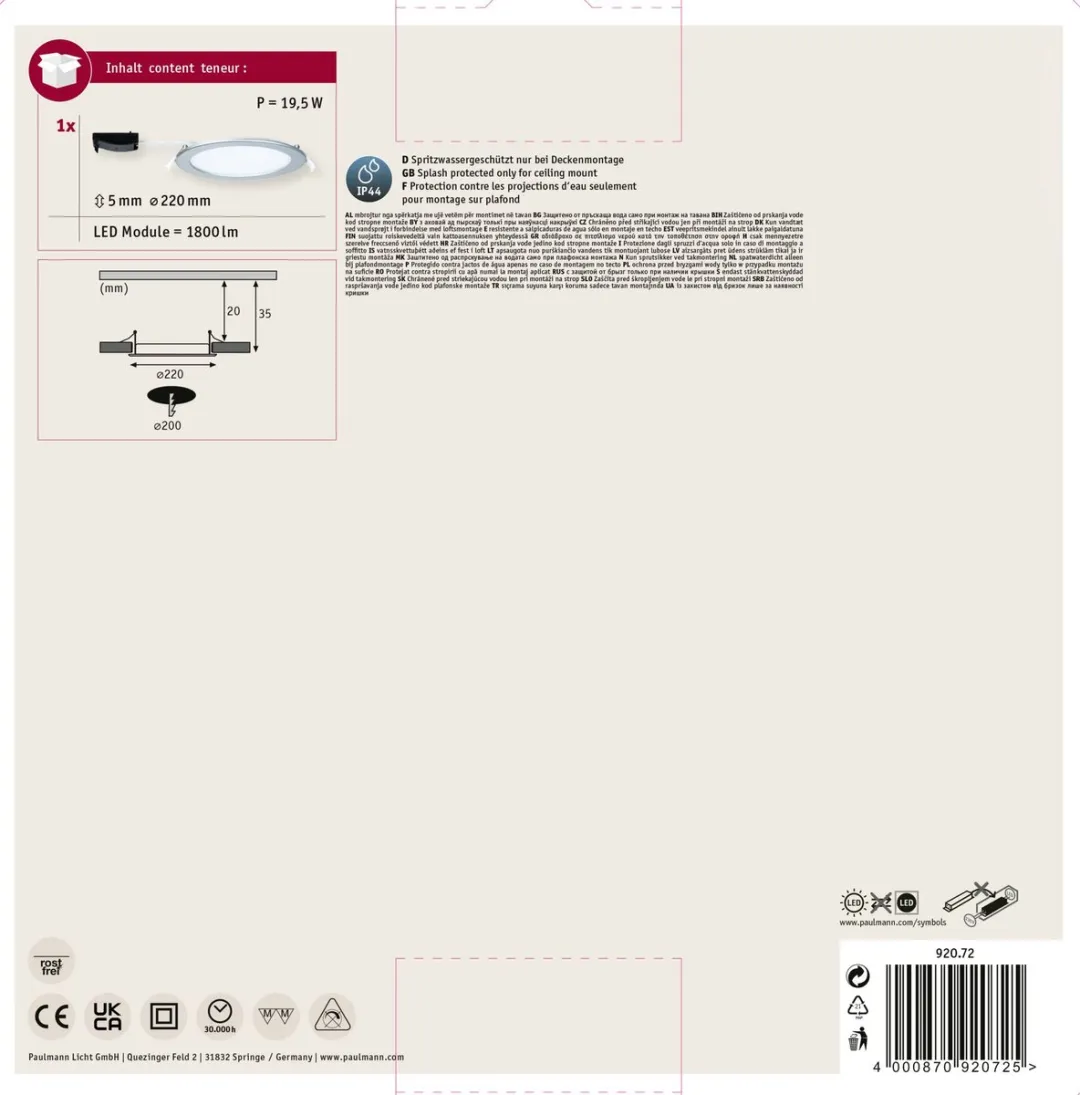 Paulmann LED Inbouwpaneel IP44 16,5W 1150lm 4000K - Chroom mat