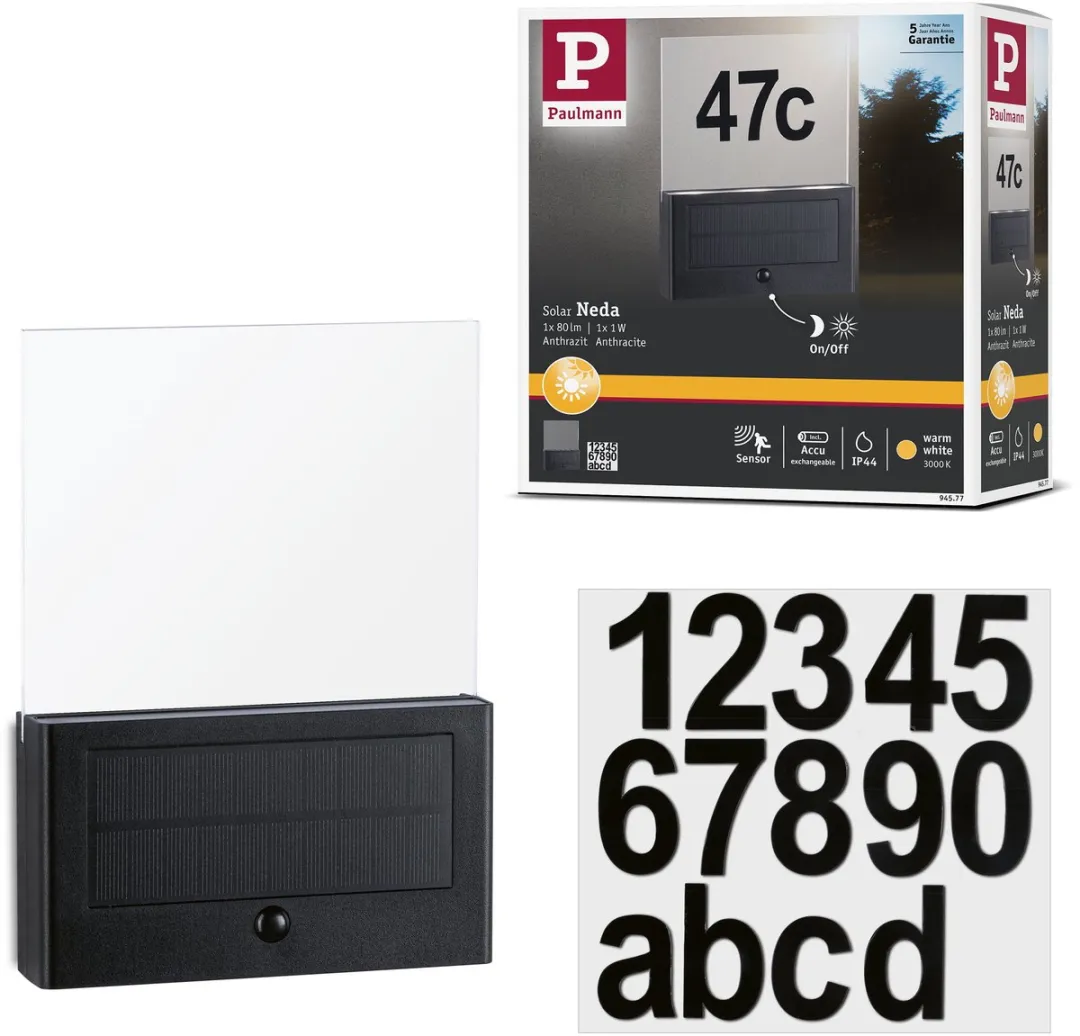 Paulmann Neda Solar LED Huisnummerverlichting Bewegingsmelder IP44 3000K