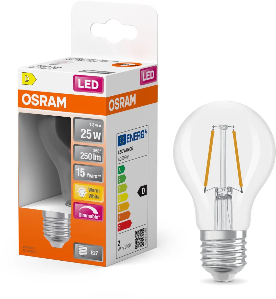 Osram LED Superstar A25 Filament 1,8W - 250lm E27 Warm Wit