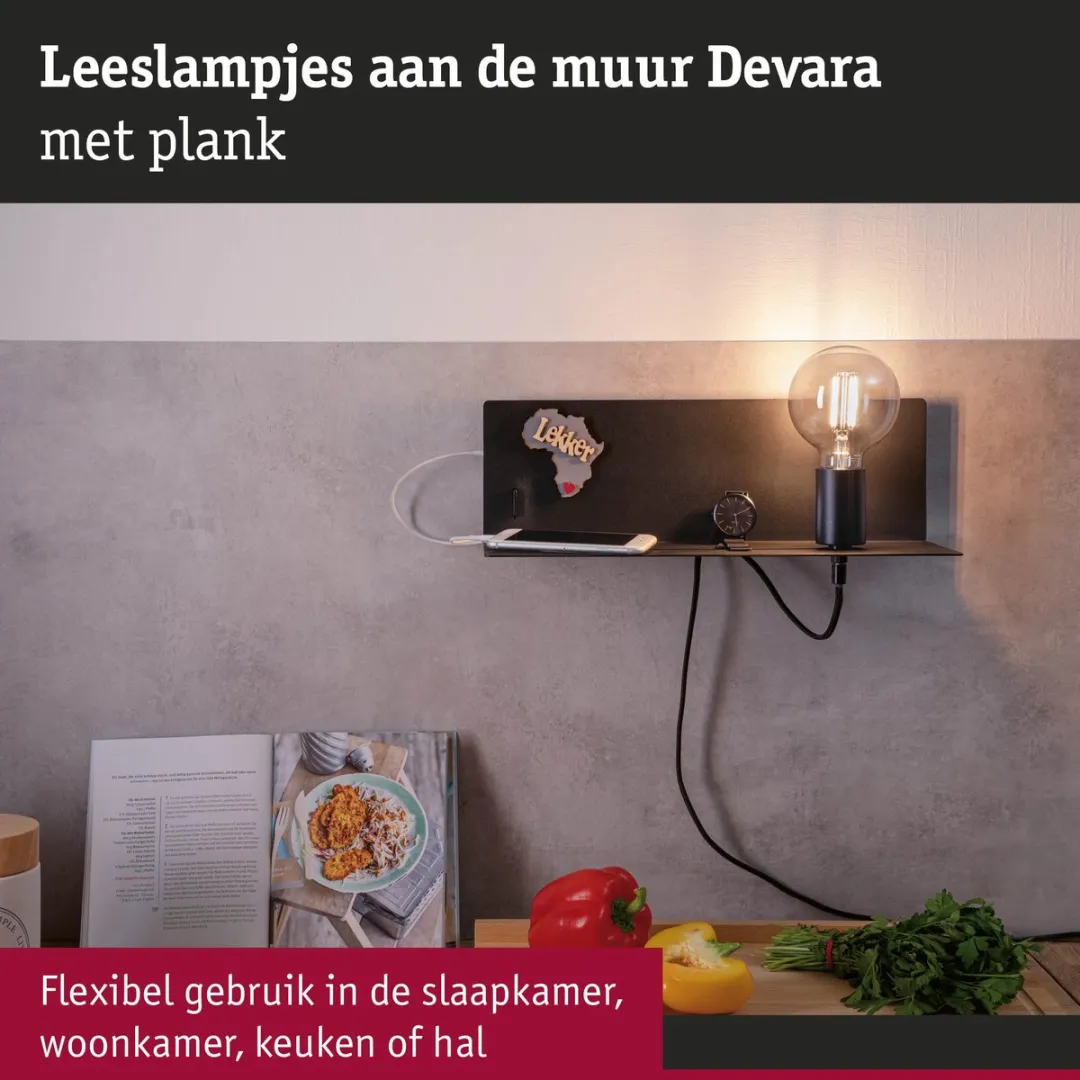 Paulmann Devara Wandlamp USB-C E27 40W - Zwart mat - afbeelding 6 van 6