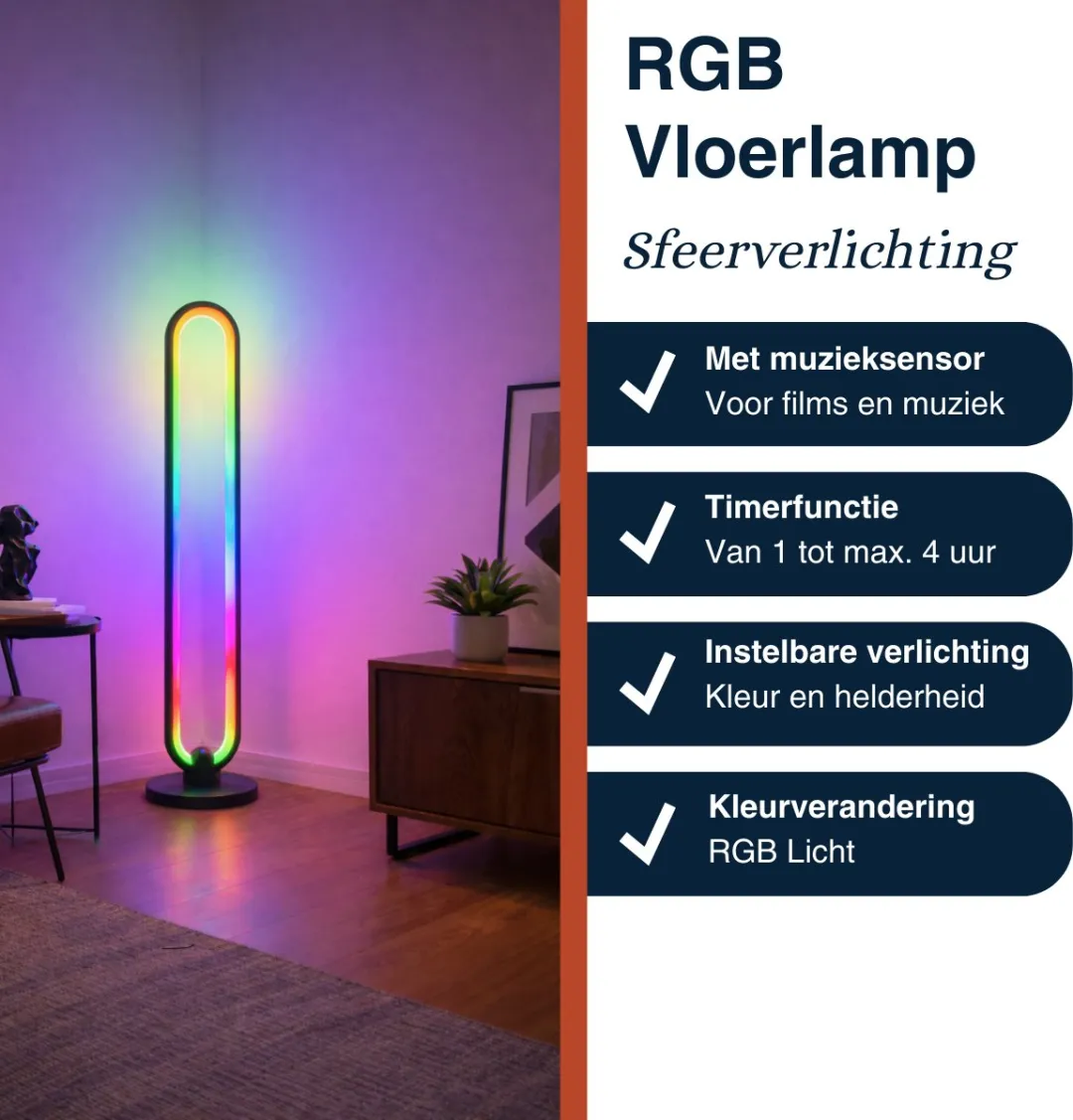 Grundig RGB Vloerlamp 104,5cm - LED met afstandsbediening - 120 lichtpunten - Zwart