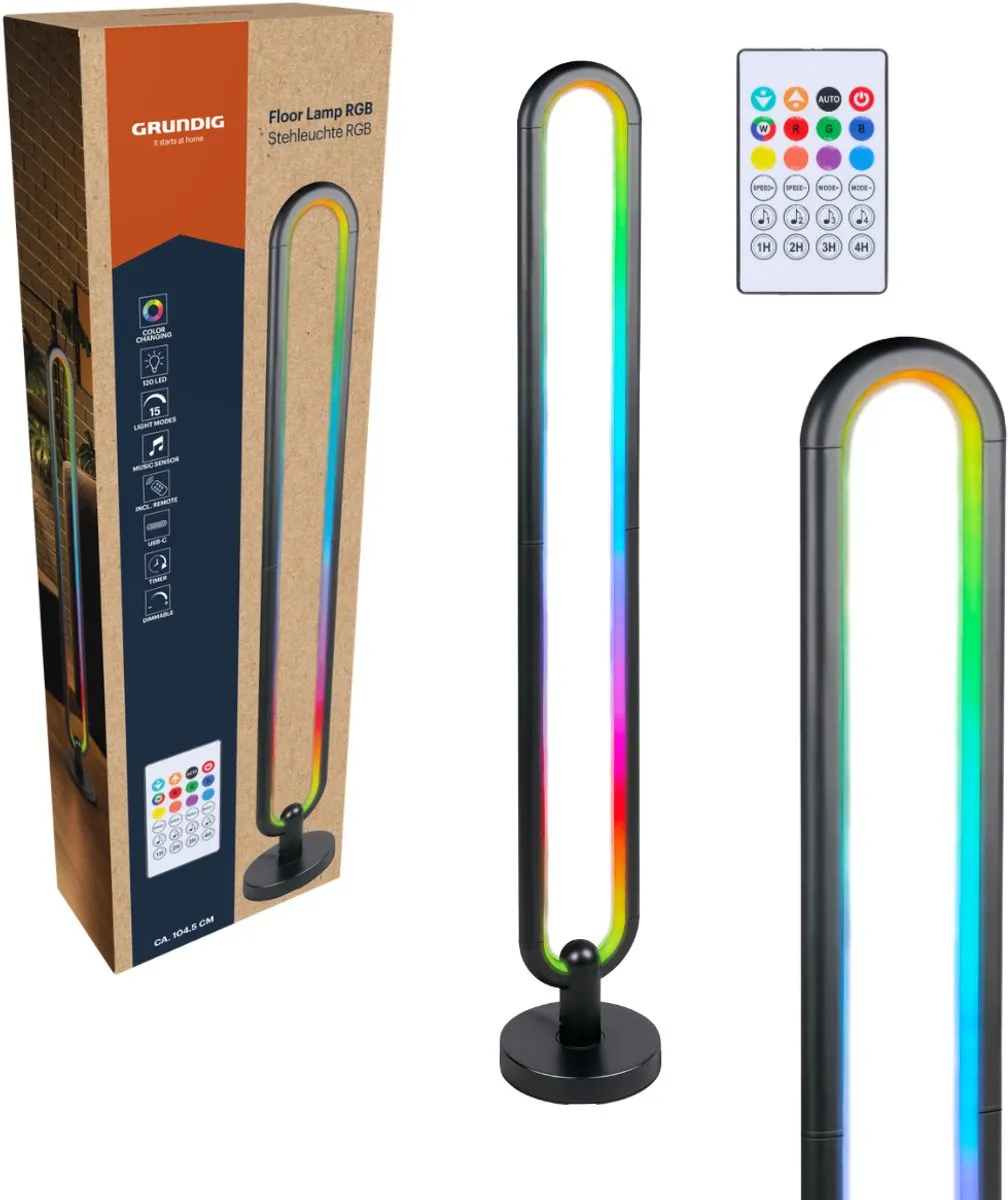 Grundig RGB Vloerlamp 104,5cm - LED met afstandsbediening - 120 lichtpunten - Zwart