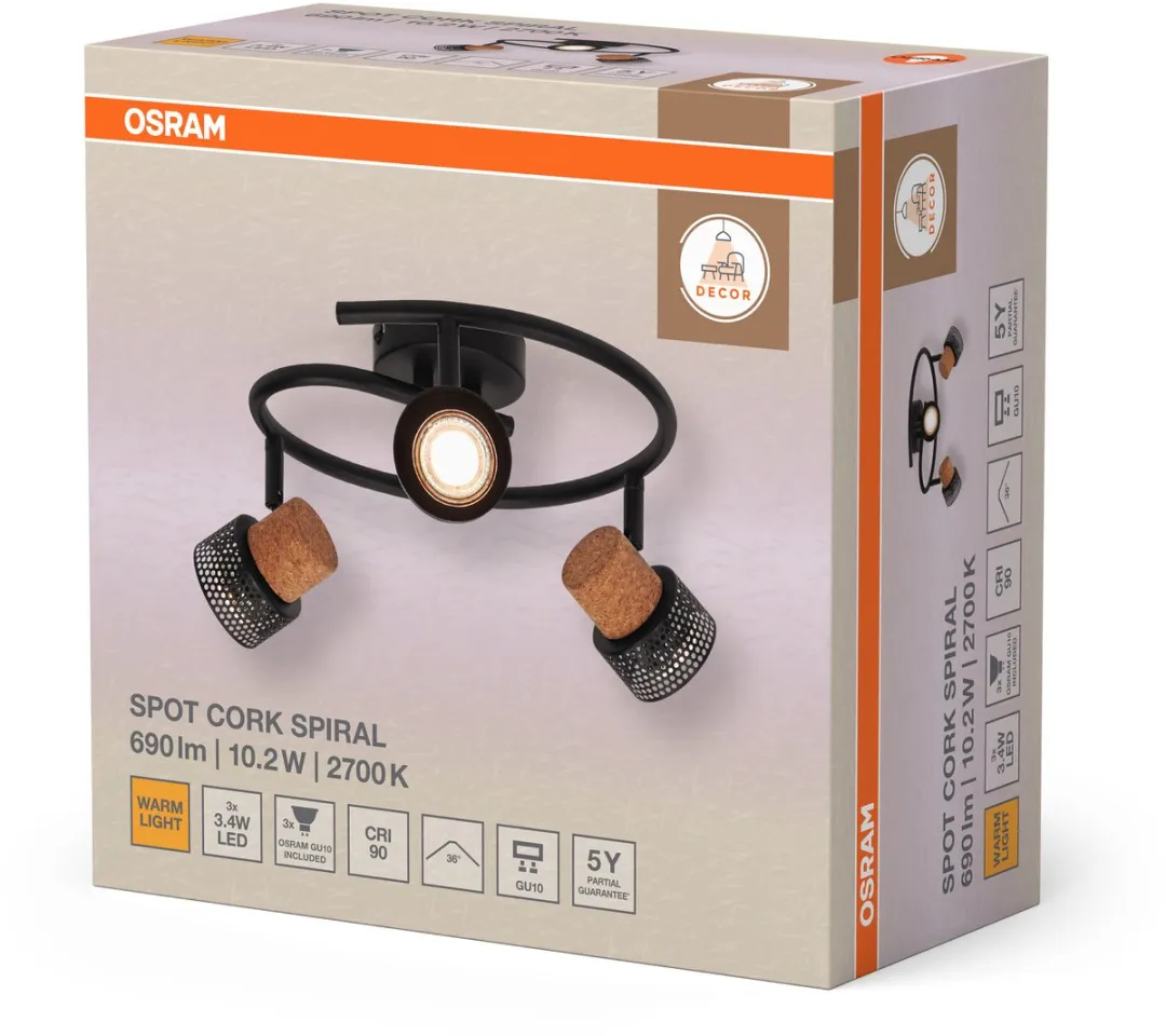 Osram Decor Spot Cork GU10 Spiral - 3x3,4W 690lm - Zwart