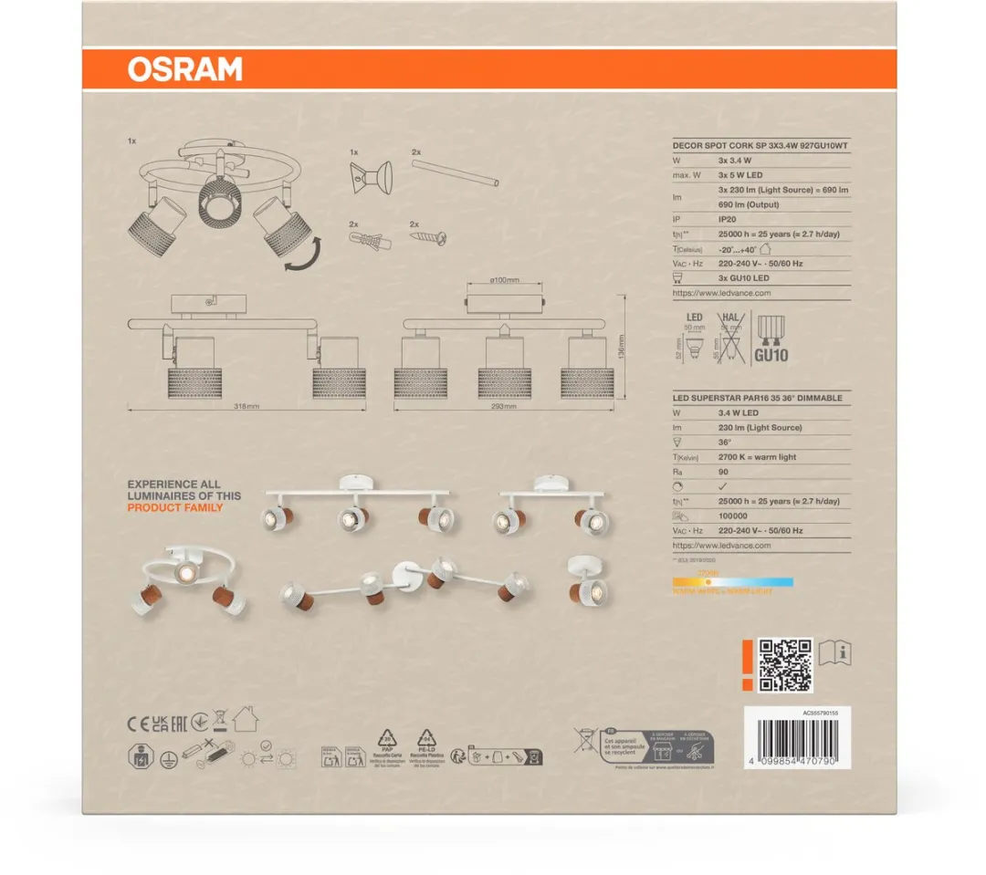 Osram Decor Spot Cork GU10 Spiral - 3x3,4W 690lm Warm Wit - afbeelding 6 van 6