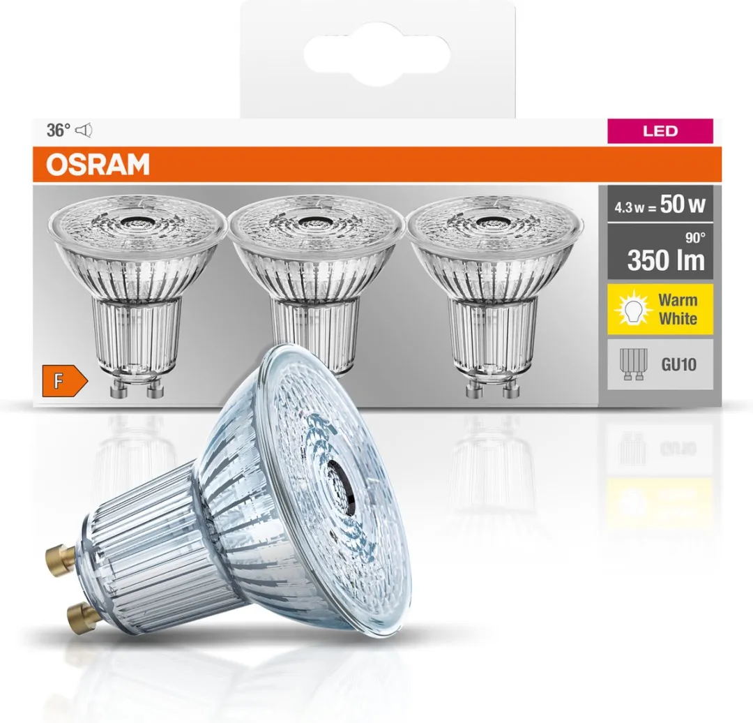 Osram LED Spot GU10 4.3W Warm Wit 2700K - 3 Stuks - Mat