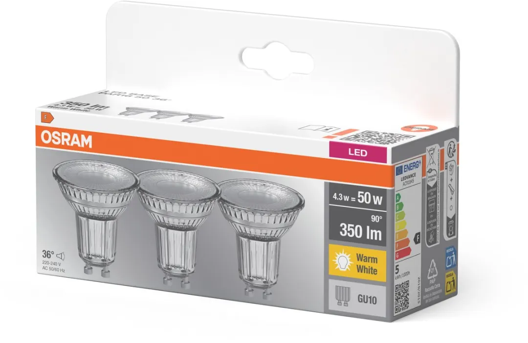 Osram LED Spot GU10 4.3W Warm Wit 2700K - 3 Stuks - Mat