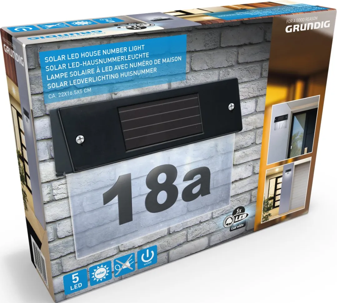 Grundig Zonne-energie Huisnummerbord LED - 5 Lichtpunten - Zwart/Transparant