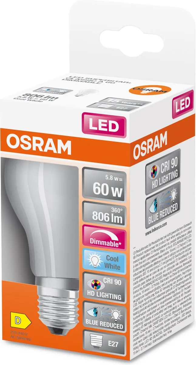 Osram Superstar LED E27 Matglas Koelwit 5.8W - CRI90