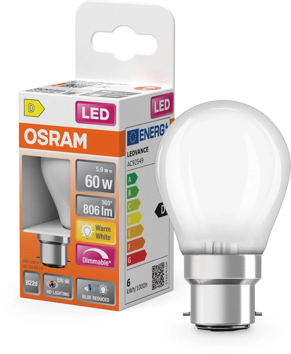 Osram LED Superstar Plus P60 Filament 5,5W B22d - 806lm 2700K Mat