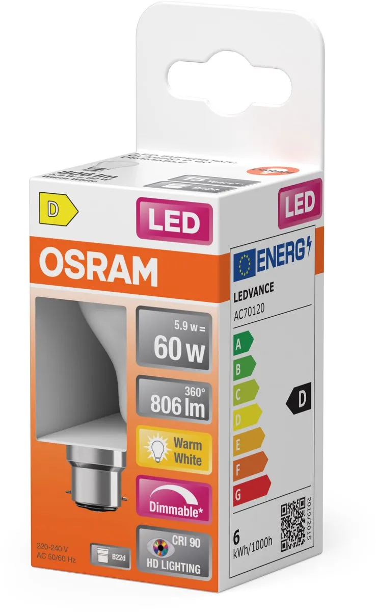 Osram LED Superstar Plus P60 Filament 5,5W B22d - 806lm 2700K Mat