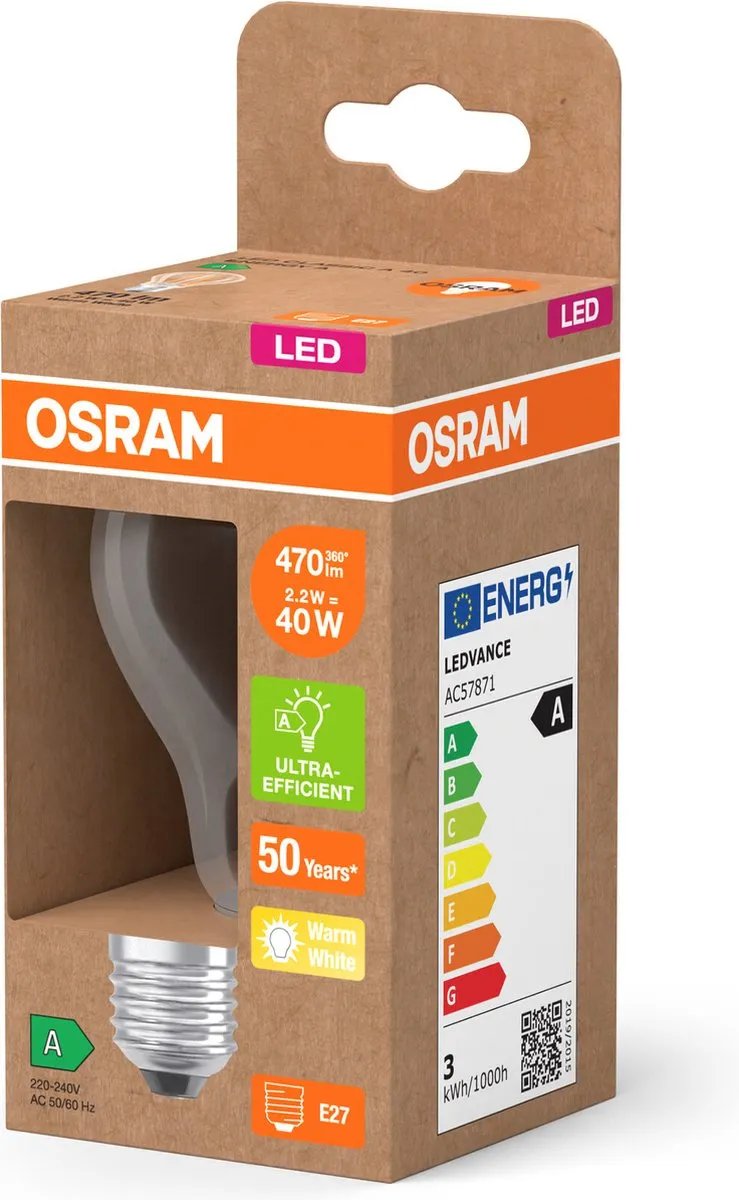 Osram LED Classic E27 2,2W 470lm Warm Wit - Helder Glas - afbeelding 6 van 6