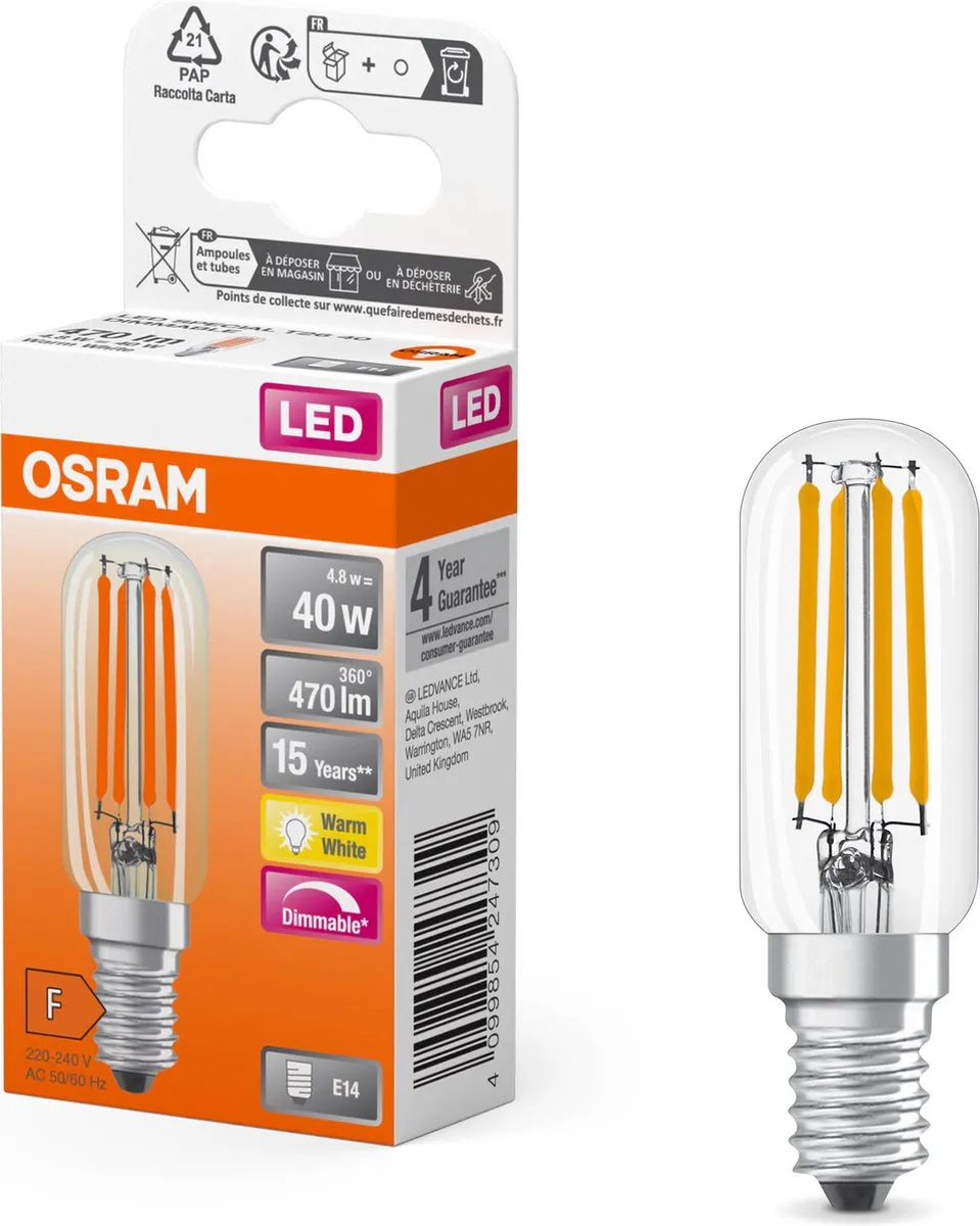 Osram LED E14 Tubular 4.8W 470lm - Zeer Warm Wit 2700K - Dimbaar - afbeelding 6 van 6