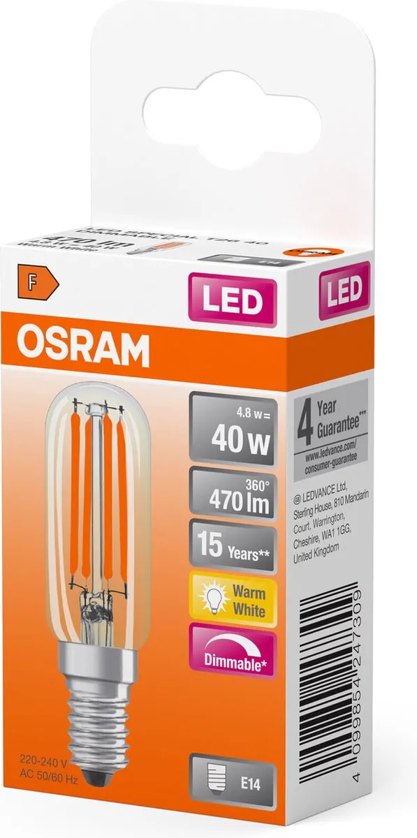 Osram LED E14 Tubular 4.8W 470lm - Zeer Warm Wit 2700K - Dimbaar