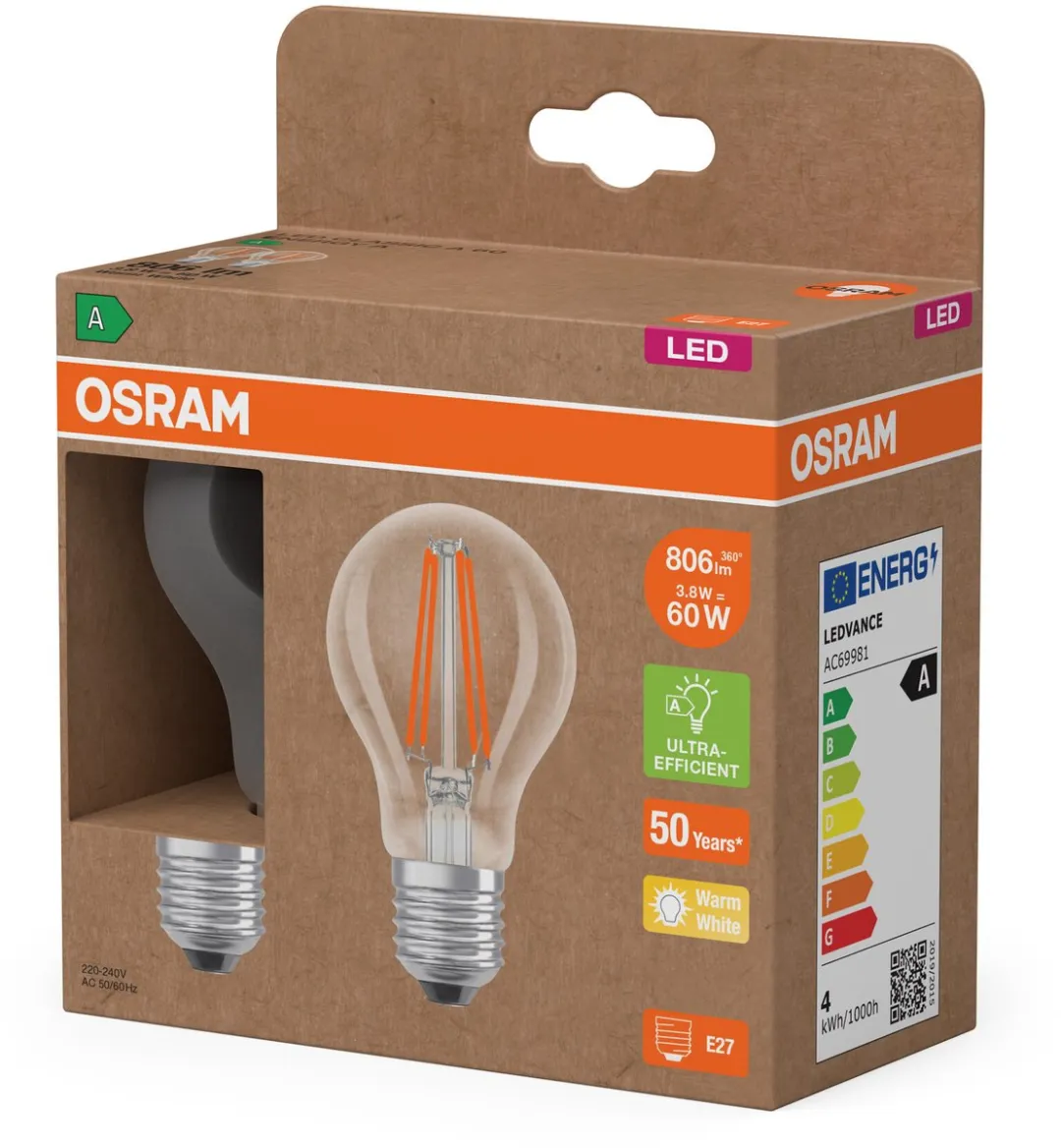 Osram LED Superstar Classic A60 E27 3,8W 806lm Warm Wit - 2 Stuks - afbeelding 6 van 6