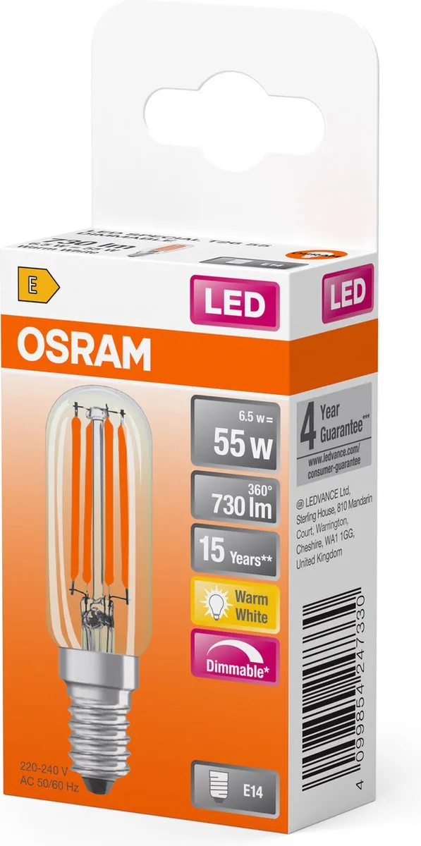 Osram LED E14 Tubular 6.5W 730lm - Zeer Warm Wit