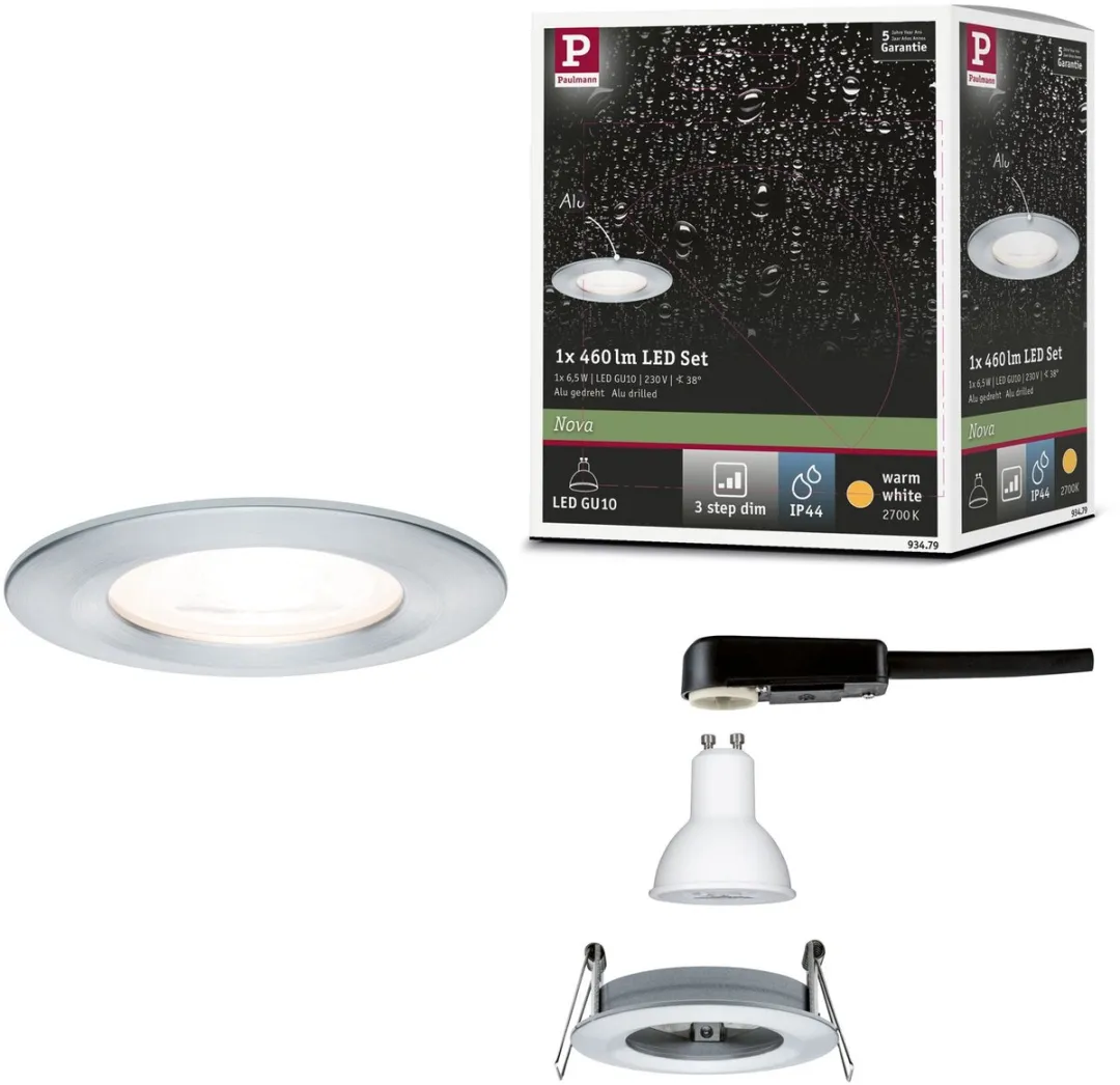 Paulmann LED-inbouwlamp Nova IP44 GU10 6,5W 460lm 2700K - Alu gedraaid