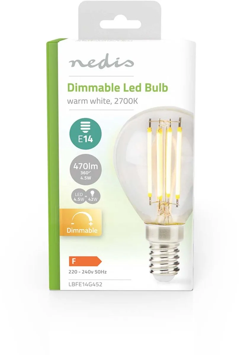 Nedis LED-Filamentlamp E14 G45 4,5W 470lm Warm Wit - 1 Stuks