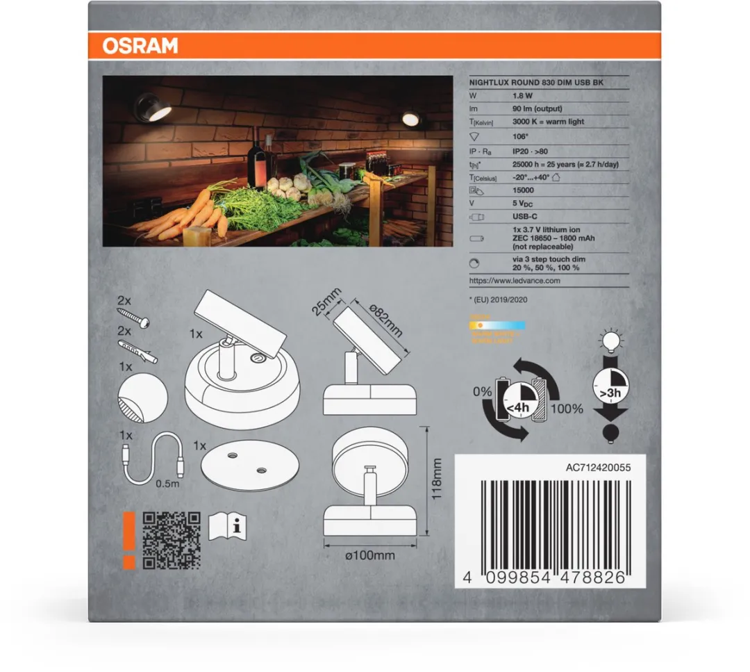 Osram Nightlux Round 830 DIM USB Nachtlamp - Zwart