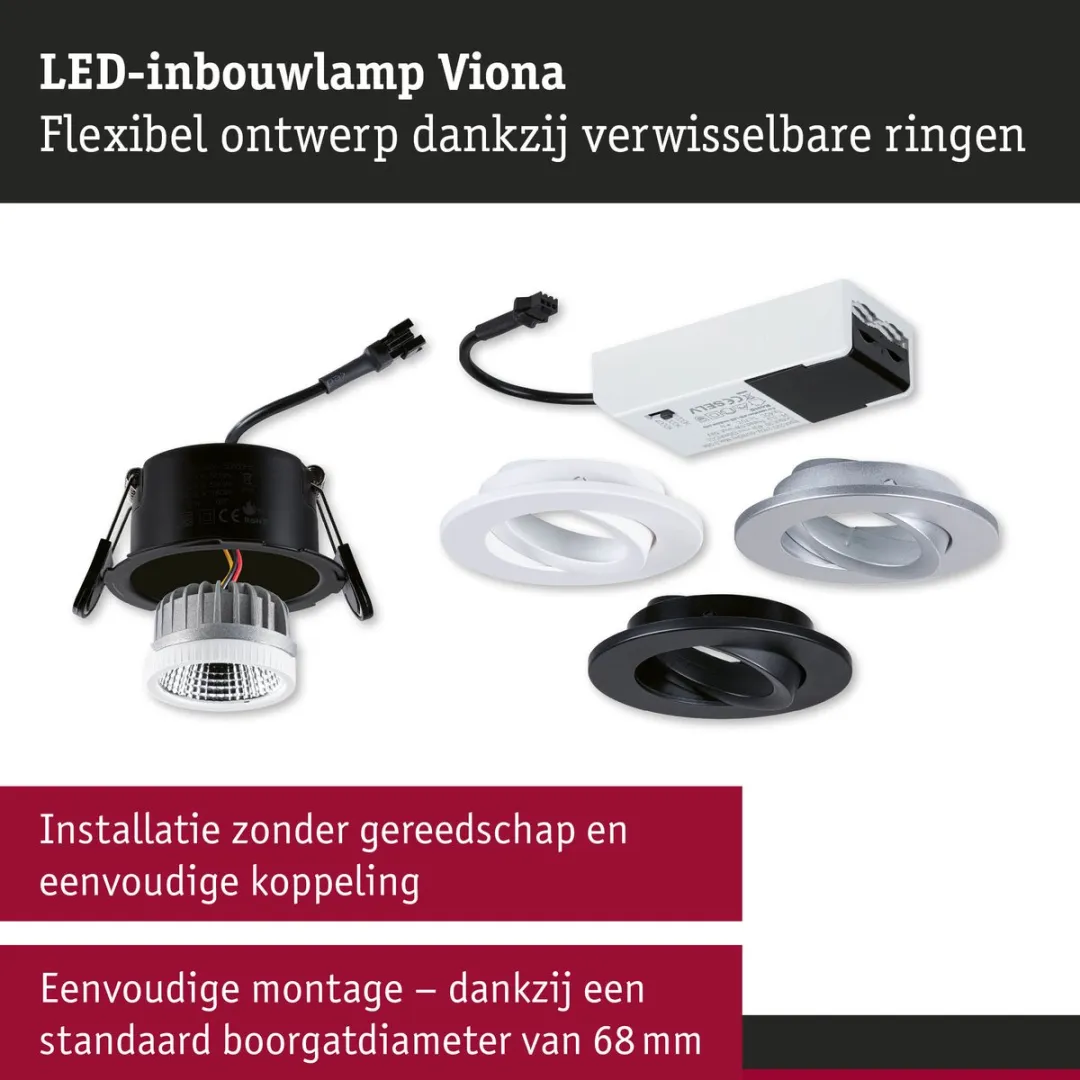 Paulmann LED-inbouwlamp Viona IP65 6W 520lm 2700-4000K - 85mm - Zwart/Wit/Chroom