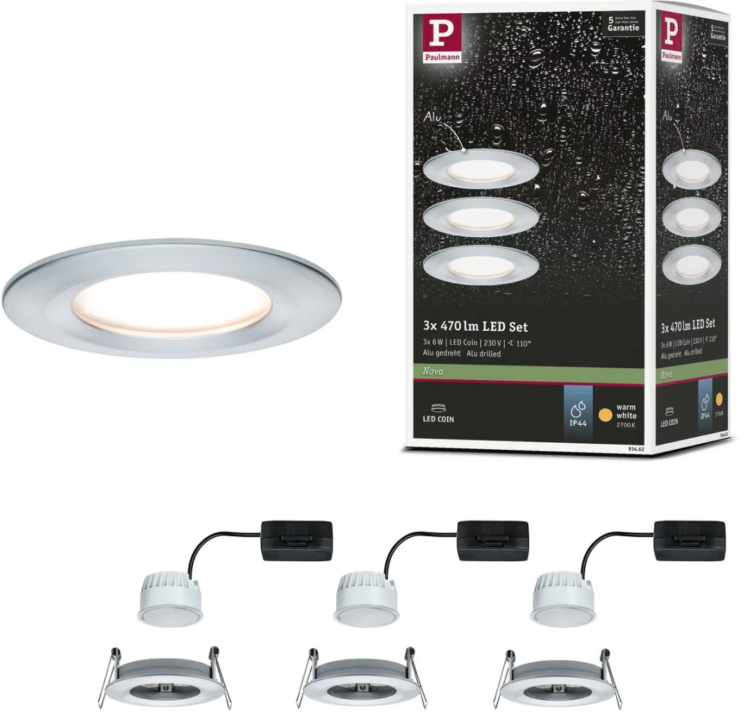 Paulmann Nova Coin Basisset LED-inbouwlamp 3x6W 470lm 2700K - Alu gedraaid