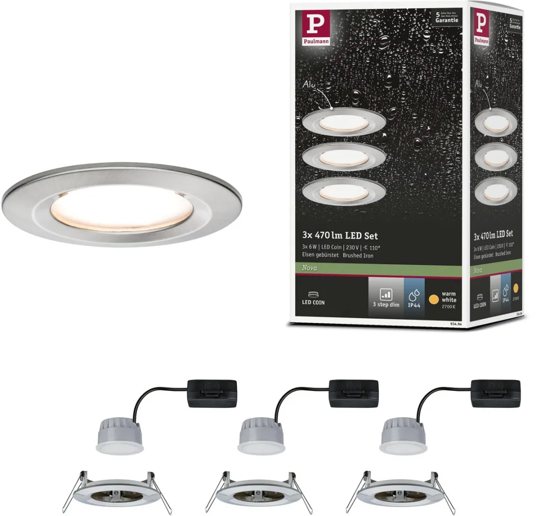 Paulmann Nova Coin Basisset LED-inbouwlamp 3x6W 470lm 2700K - Staal geborsteld