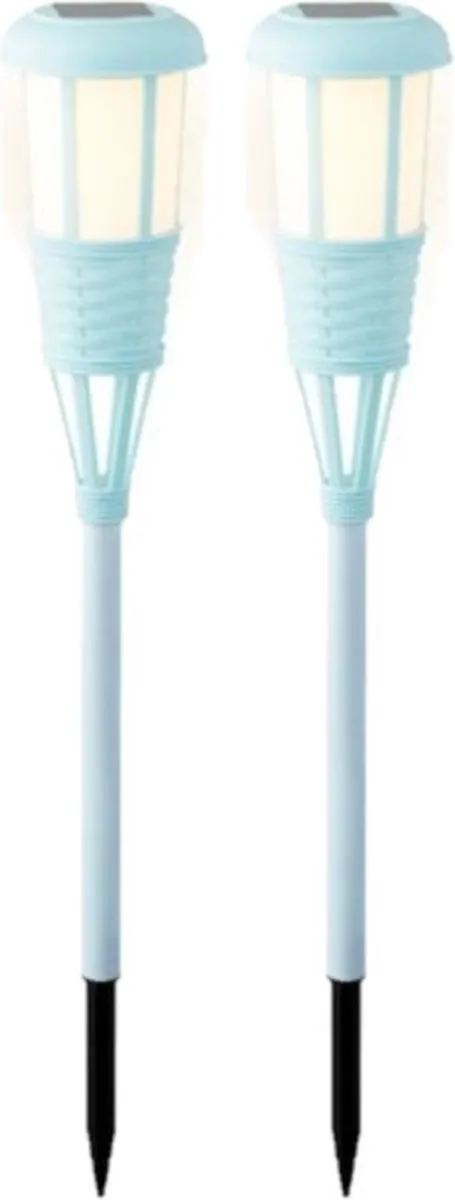 2x stuks solar tuinfakkel/tuinlamp lichtblauw op zonne-energie 61 cm - Prikspots tuinverlichting