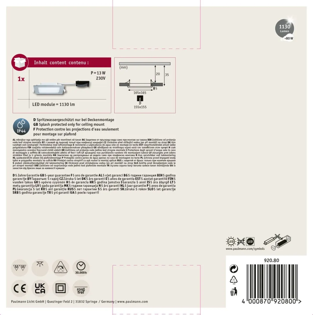 Paulmann LED Inbouwpaneel IP44 12W 780lm 2700K - 165x165mm Chroom mat