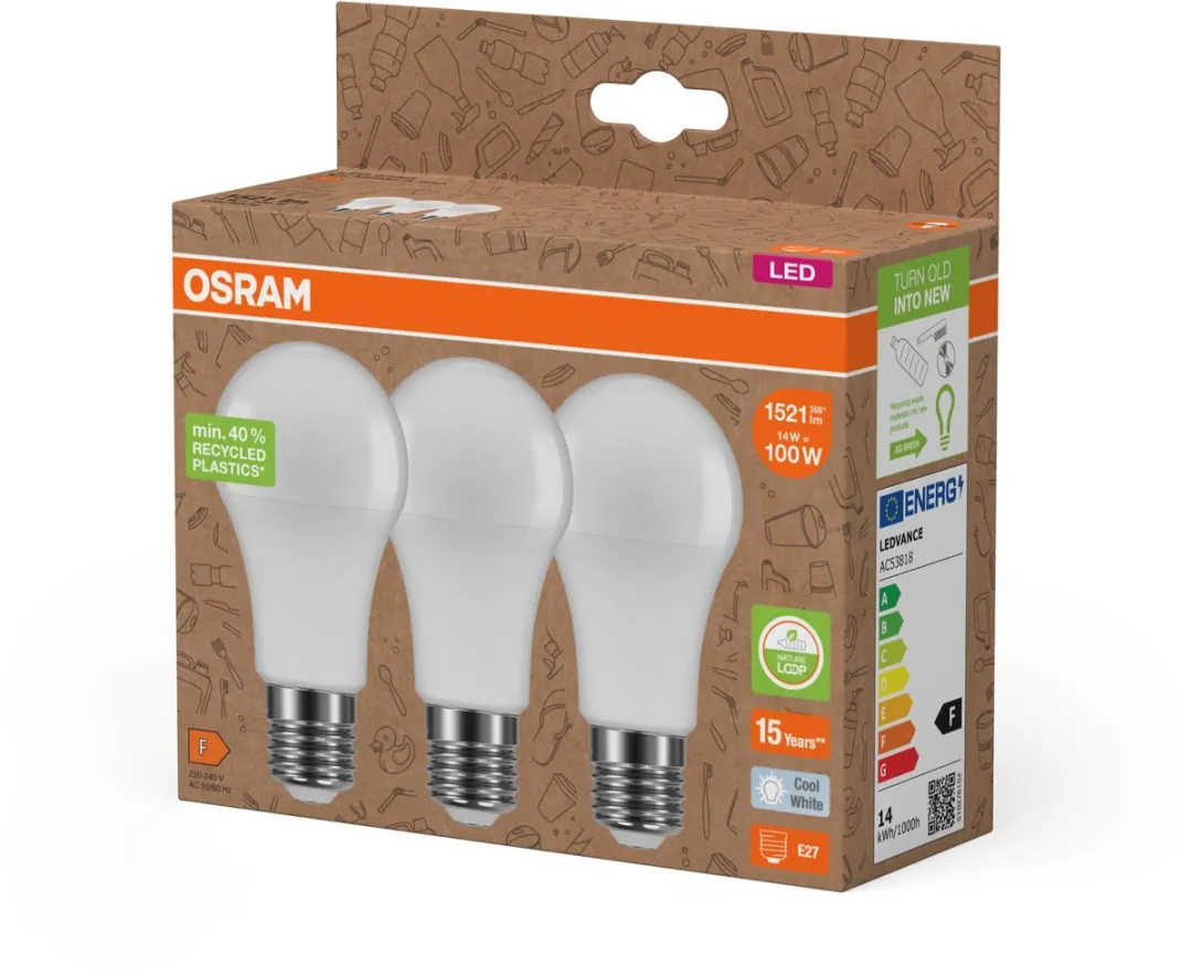 Osram LED Star A100 Recycling 14W E27 - 1521lm Koel wit - 3 Stuks