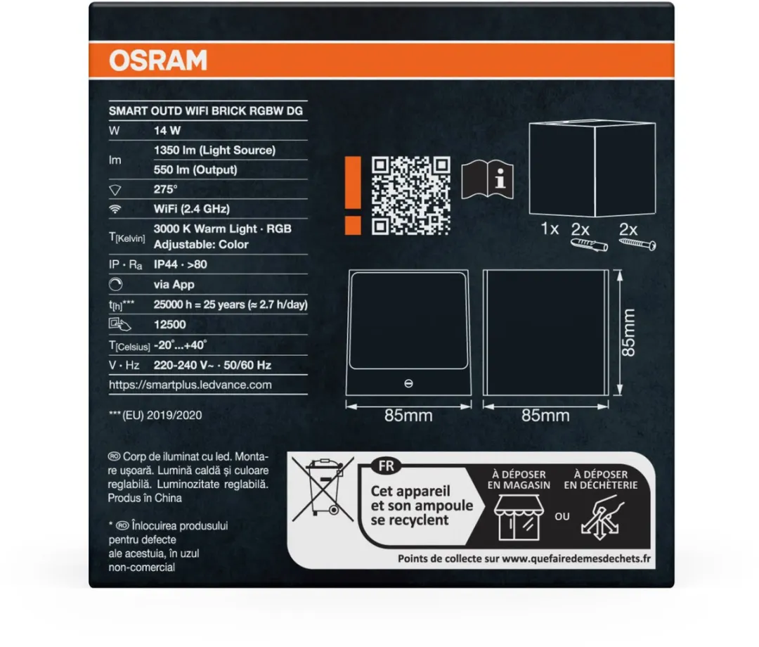 Osram SMART+ WiFi Brick LED Wandlamp RGB+W 14W 550lm - Donkergrijs - afbeelding 6 van 6