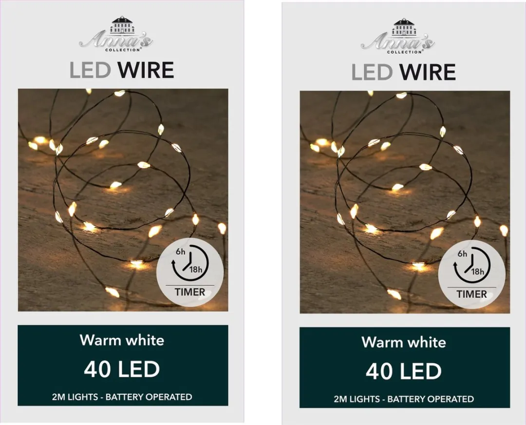 Anna's Collection Draadverlichting lichtsnoer - 2x - 40 led lampjes - warm wit - 200 cm - op batterij - kerstverlichting