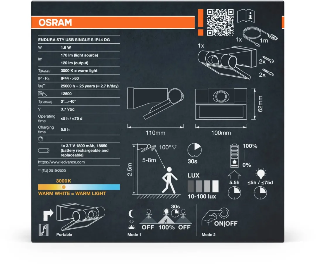 Osram Endura Style USB Sensor Up-Down IP44 - Warm wit 3000K - Donkergrijs - afbeelding 6 van 6