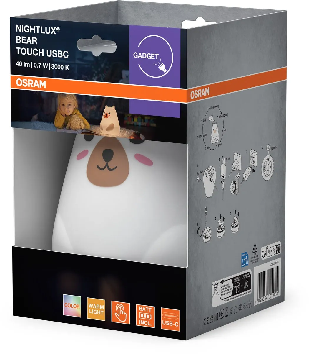 Osram Nightlux Touch Nachtlamp Beer - RGBW 3000K - USB-C Oplaadbaar