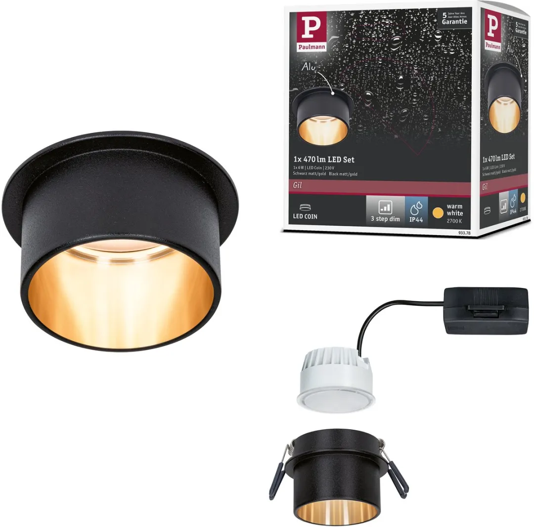 Paulmann LED-inbouwlamp 3-Step-Dim Coin 6W 470lm - 2700K - IP44 - Zwart/Goud