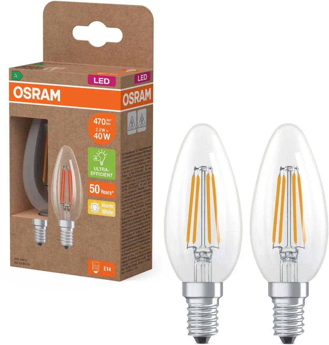 Osram LED Superstar Classic B40 E14 2,2W 470lm Warm Wit - 2 Stuks
