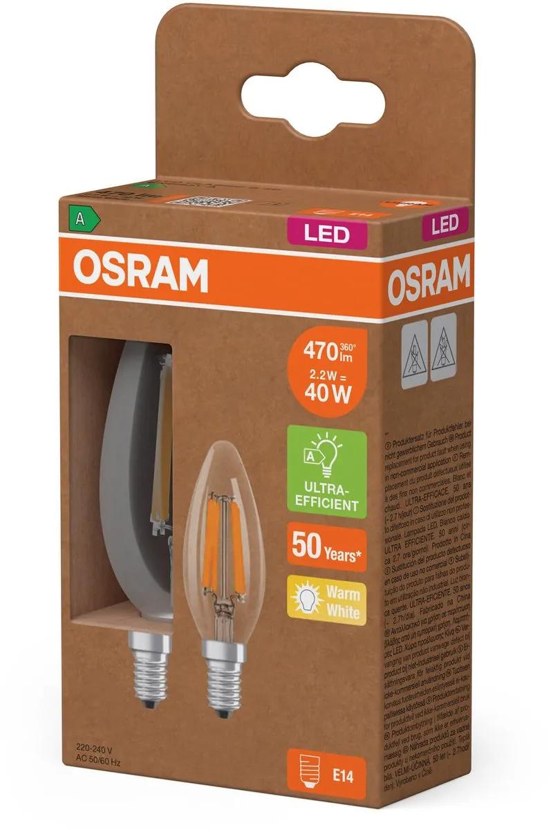 Osram LED Superstar Classic B40 E14 2,2W 470lm Warm Wit - 2 Stuks - afbeelding 6 van 6