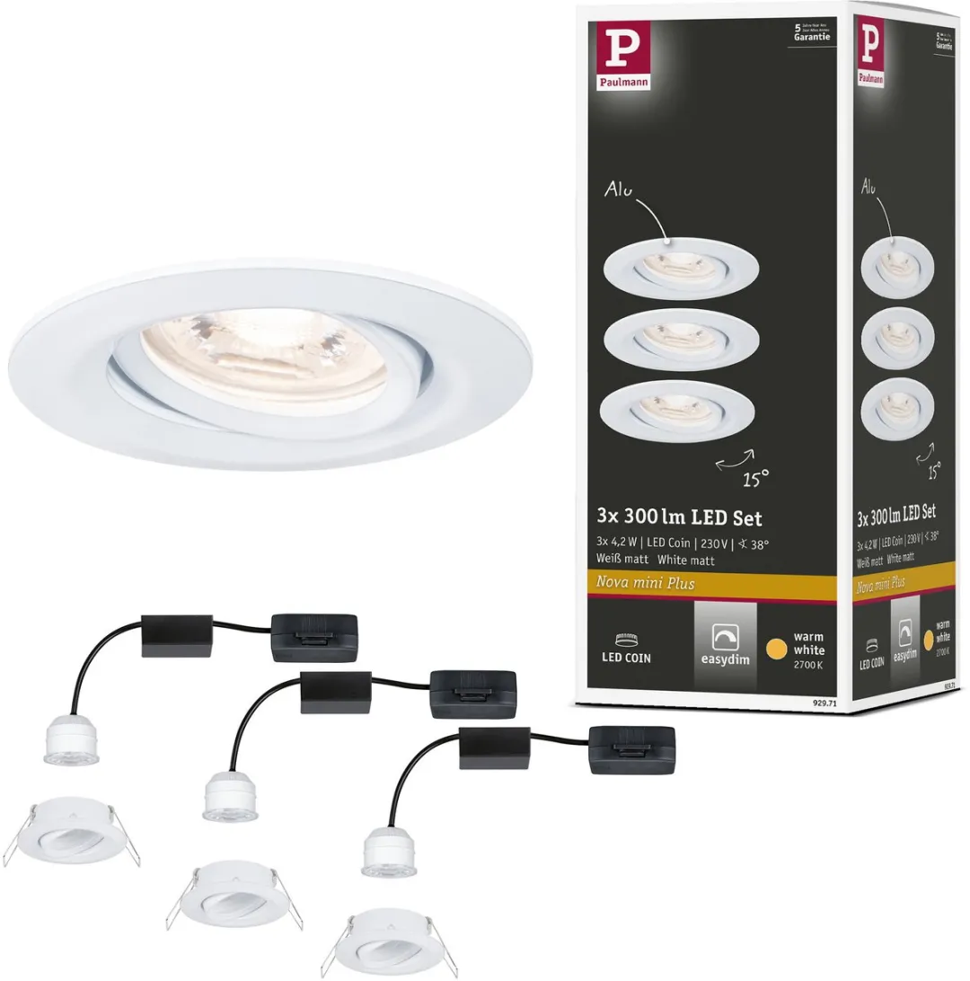 Paulmann LED-inbouwlamp Easy Dim Nova Mini Plus Coin Basisset 3x4,2W - 300lm - 2700K - Wit mat