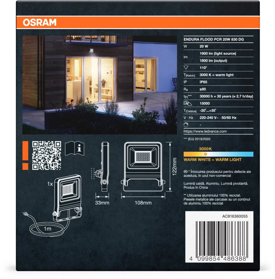 Osram Endura Flood PC 20W LED-schijnwerper 1800lm - 3000K - Grijs