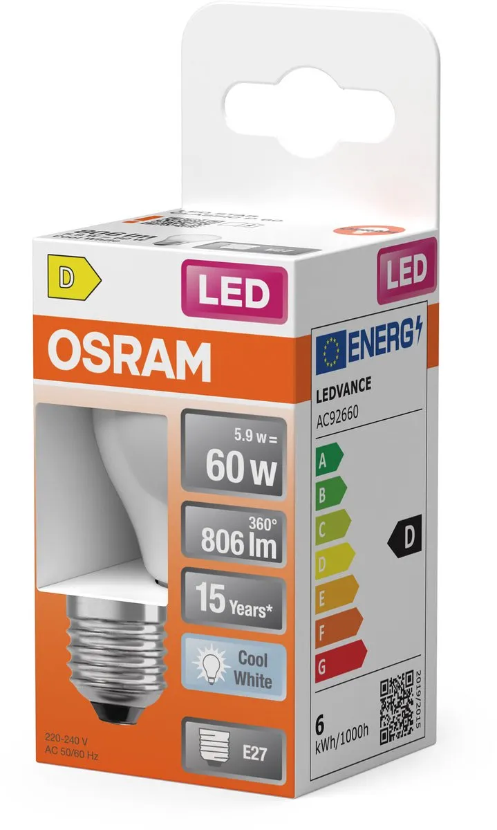 Osram LED Star Classic E27 5,5W 806lm Koelwit - Helder glas - afbeelding 6 van 6