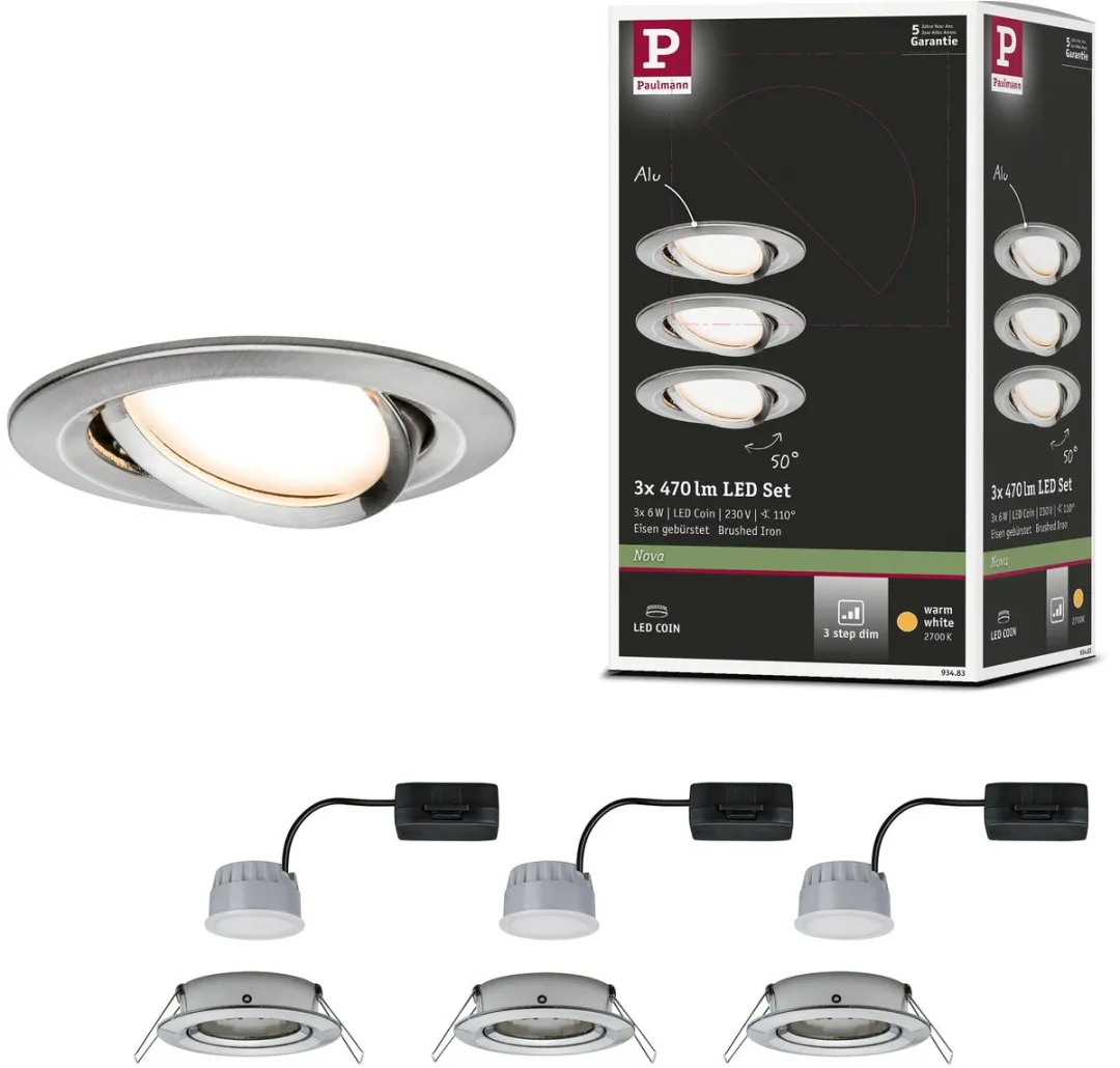 Paulmann Nova Coin LED-inbouwlamp 3x6W 470lm 2700K - 3 Stuks - Staal geborsteld