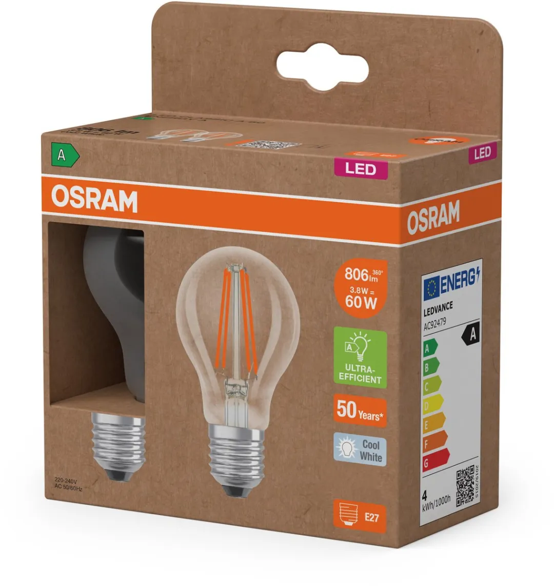 Osram Energy Class LED-lamp E27 3,8W 806lm Koelwit - 2 Stuks - afbeelding 6 van 6