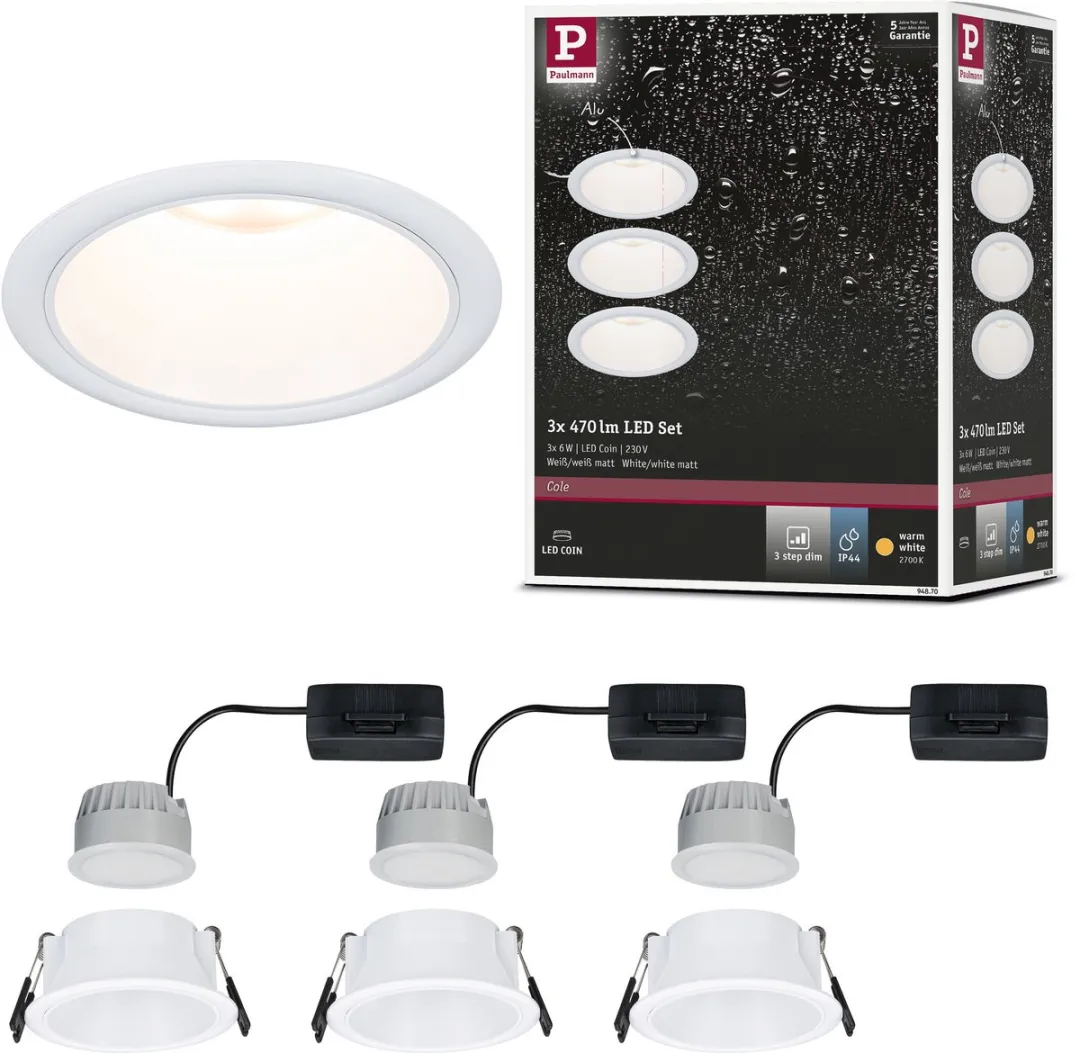 Paulmann LED-inbouwlamp 3-Step-Dim Cole Coin 3x6W 2700K - 3 Stuks