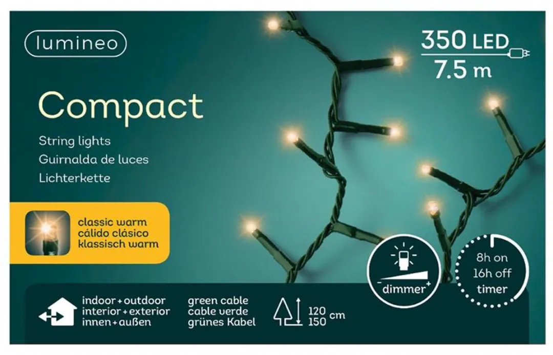 Lumineo LED Snoerverlichting 7,5m 350 lampjes Warm Wit - 480 Lichtpunten